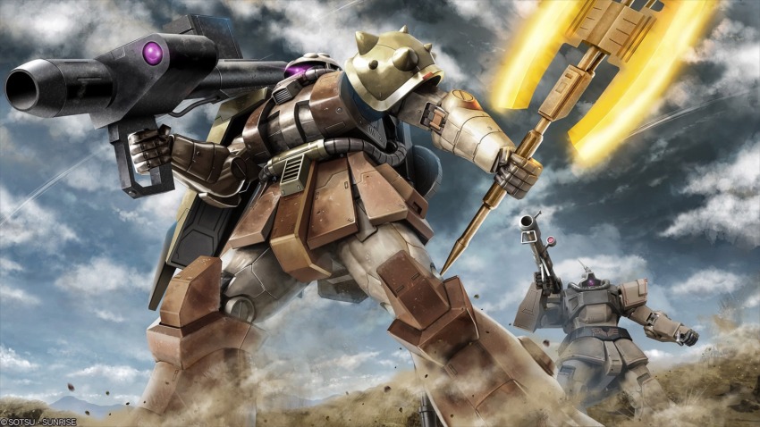 absurdres bazooka_(gundam) beam_cannon cable cloud cloudy_sky copyright_logo debris desert desert_zaku dom_tropical_test_type dust dust_cloud fake_screenshot gundam gundam_battle_operation_2 gundam_zz heat_hawk highres lens_flare machinery mecha mecha_focus mobile_suit neo_zeon no_humans one-eyed painting_(medium) radio_antenna realistic robot rock scan science_fiction scope sky sunrise_(company) tenjin_hidetaka traditional_media