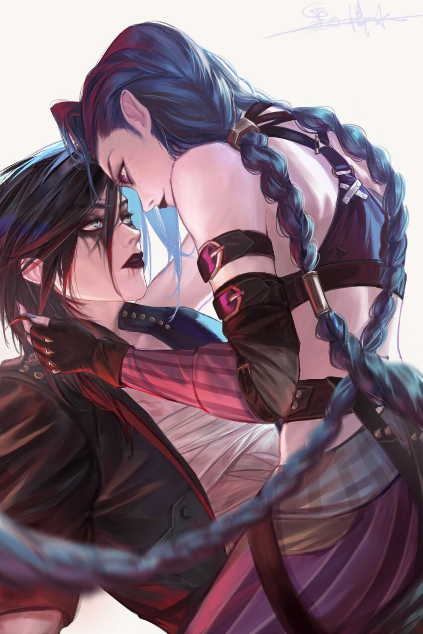 2girls arcane:_league_of_legends arcane_brawler_vi arcane_jinx ass asymmetrical_bangs bandaged_chest bare_shoulders black_hair black_jacket braid brown_gloves eye_contact fingerless_gloves from_side gloves highres jacket jinx_(league_of_legends) league_of_legends long_hair looking_at_another makeup miokng0706 multiple_girls open_clothes open_jacket pants red_hair red_lips runny_makeup short_hair siblings simple_background sisters smile striped_clothes striped_pants striped_sleeves twin_braids twintails white_background