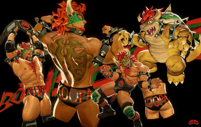 1boy armlet armpit_hair artist_logo back_tattoo belt black_background black_male_underwear boots bowser bracelet championship_belt chest_hair claws clothes_writing collar cowboy_shot erakin facial_hair fake_horns full_body goatee highres horns humanization jewelry kenny_james knee_pads kurose_kousuke logo looking_at_viewer looking_back male_focus male_underwear mario_(series) medium_hair mr_kasuy muscular muscular_male nintendo open_mouth red_hair scott_burns sharp_teeth shinkuukan_(tetsuo3) spiked_armlet spiked_bracelet spiked_collar spiked_shell spiked_tail spikes swordsealocust tail takahashi_kurage tasaka_shinnosuke tattoo teeth tongue tongue_out turtle underwear voice_actor_connection wrestler wrestling_mask
