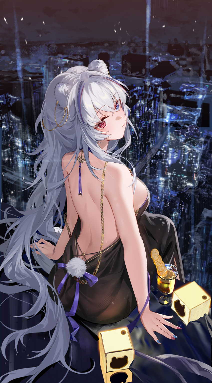 1girl alternate_costume animal_ears arknights backless_dress backless_outfit bear_ears bear_girl bear_tail black_dress blue_eyes breasts cityscape closed_mouth commentary cup dress hetero highres hongbaise_raw large_breasts long_hair looking_at_viewer nail_polish night night_sky nightgown red_eyes rosa_(arknights) sideboob sitting sky solo tail white_hair