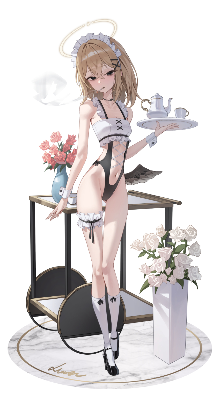 1girl absurdres black_eyes blonde_hair breasts broken_halo cigarette cup fallen_angel flower frilled_leotard frilled_thigh_strap frills gluteal_fold halo high_heels highres holding holding_tray leotard looking_at_viewer low_wings maid_headdress mansu_(user_pnmp4287) medium_hair mouth_hold navel original red_flower single_wing small_breasts smoke standing teacup teapot thigh_strap tray white_flower wings