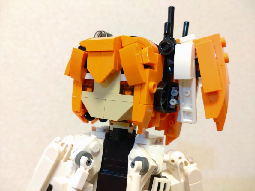 1girl a.i._voice adachi_rei black_shirt choroli_(chorolin) hair_ribbon headlamp highres jacket lego_(medium) medium_hair one_side_up open_clothes open_jacket orange_eyes orange_hair radio_antenna ribbon shirt solo unconventional_media upper_body utau white_jacket white_ribbon