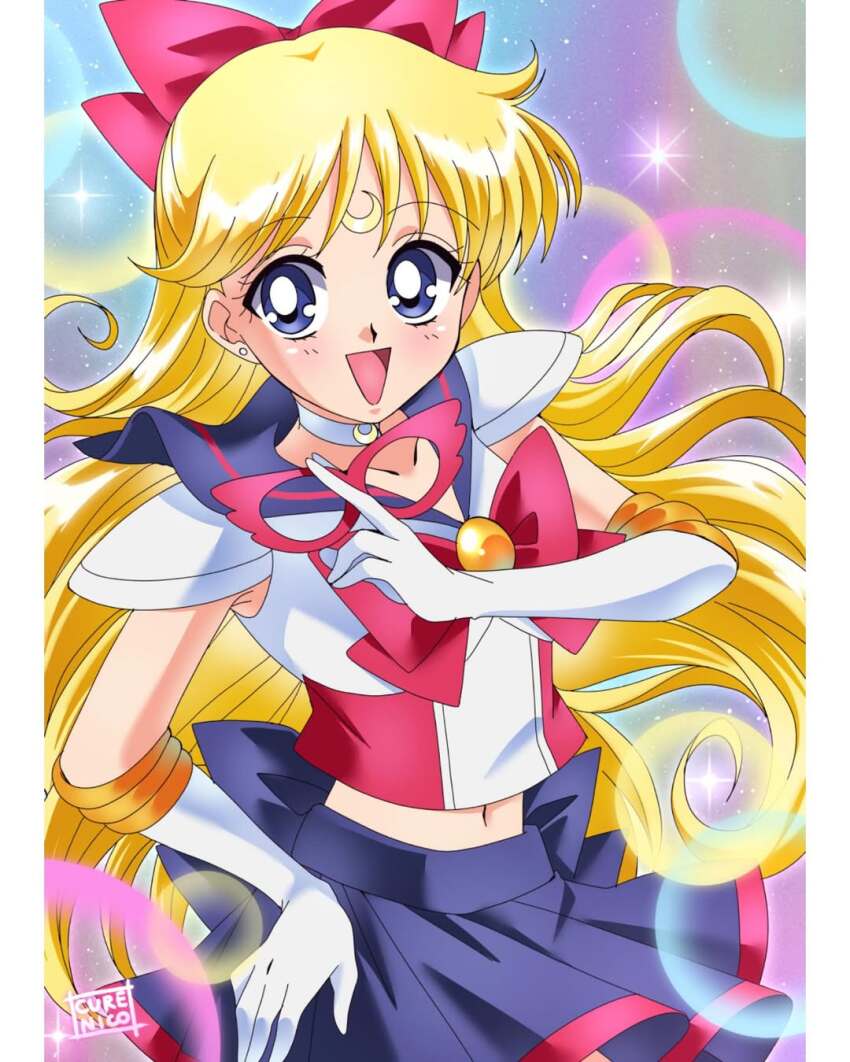 1girl aino_minako bishoujo_senshi_sailor_moon blonde_hair blue_eyes bow cure_nico gloves hand_on_own_hip highres long_hair magical_girl mask miniskirt red_bow sailor_v skirt smile unworn_mask very_long_hair