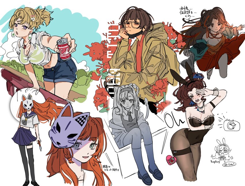 6+girls :o ;| alternate_costume animal_ears arm_under_breasts bare_arms beer_can black_leotard black_mask black_pantyhose black_thighhighs blonney blue_sailor_collar blue_shorts blue_skirt blush box breasts brown_eyes bunny_bunny_(reverse:1999) bunny_bunny_(reverse:1999)_(cosplay) can checkered_neckerchief cosplay desert_flannel dress drink_can earrings embarrassed fake_animal_ears fox_mask glasses green_eyes green_jacket hand_up highres holding holding_can ill_(no0408_bv) in_box in_container jacket jewelry jiu_niangzi john_titor_(reverse:1999) large_breasts leaning_forward leotard long_hair looking_at_viewer mask mask_on_head mask_pull matilda_bouanich midriff miniskirt mouth_mask multiple_girls multiple_views navel neckerchief necktie one_side_up outstretched_arm pantyhose ponytail purple_eyes red_dress red_eyes reverse:1999 sailor_collar school_uniform serafuku shirt short_hair short_sleeves shorts single_leg_pantyhose single_thighhigh sketch skirt sonetto_(reverse:1999) strapless strapless_leotard sweat thigh_strap thighhighs two_side_up white_shirt white_wrist_cuffs wrist_cuffs