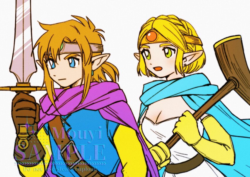 1boy 1girl artist_name blonde_hair blue_cape blue_eyes blue_tunic braid breasts brown_gloves cape circlet cleavage commentary cosplay crossover crown_braid dragon_quest dragon_quest_iii dress earrings gem gloves gold_circlet green_eyes green_gemstone hero_(dq3) hero_(dq3)_(cosplay) highres holding holding_staff holding_sword holding_weapon hoop_earrings jewelry link medium_breasts medium_hair mouyi nintendo open_mouth pink_cape pointy_ears princess_zelda red_gemstone roto_(dq3) roto_(dq3)_(cosplay) sage_(dq3) sage_(dq3)_(cosplay) sample_watermark silver_circlet staff strapless strapless_dress stud_earrings sword the_legend_of_zelda the_legend_of_zelda:_tears_of_the_kingdom tunic upper_body watermark weapon white_background white_dress yellow_gloves yellow_sleeves