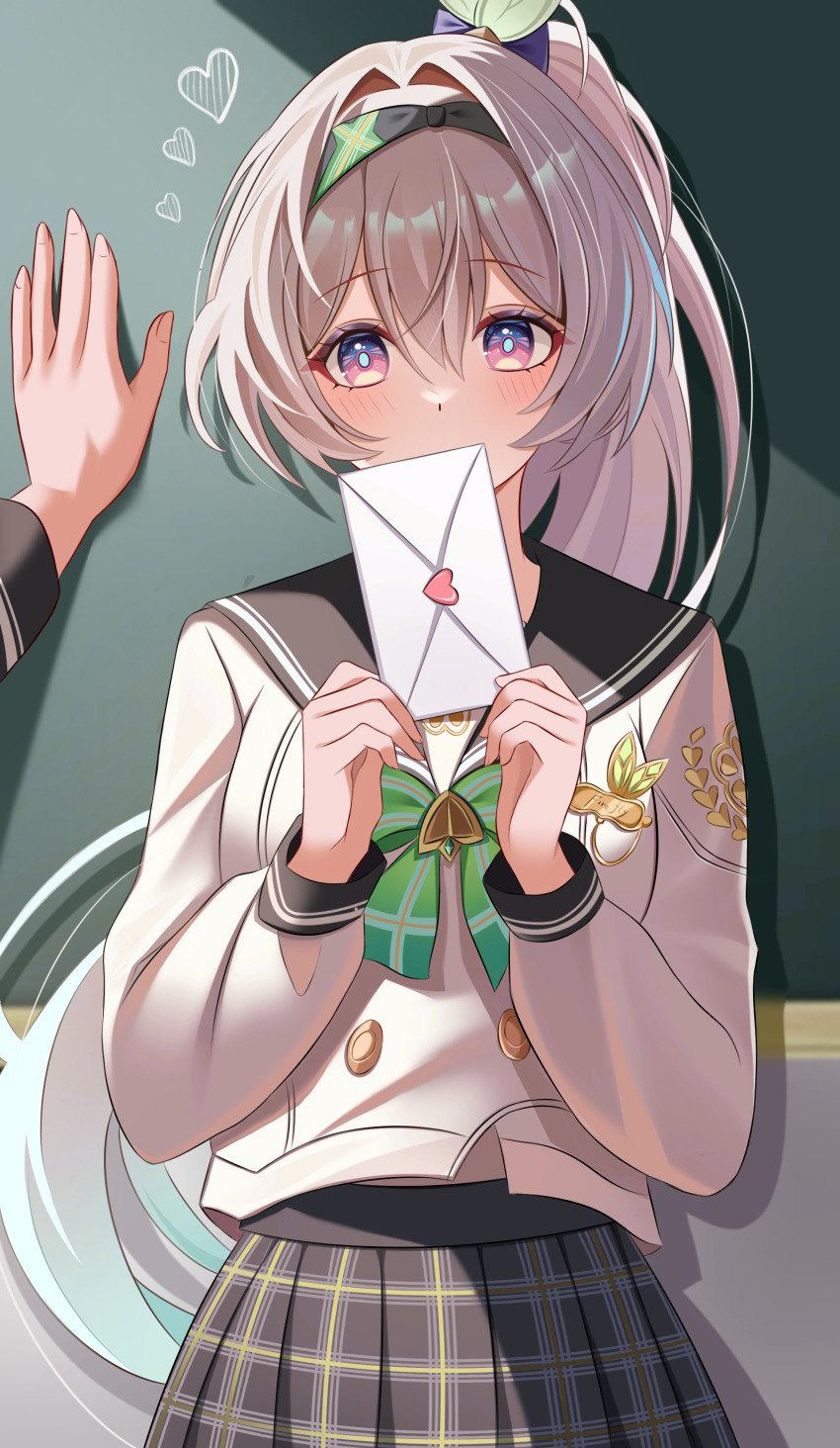 1other absurdres alternate_hairstyle black_bow black_hairband black_sailor_collar blue_eyes blue_pupils blush bow bowtie breasts buttons chalkboard commentary double-breasted envelope firefly_(honkai:_star_rail) firefly_(spring_missive)_(honkai:_star_rail) gradient_hair green_bow green_bowtie green_hair grey_hair grey_skirt hair_between_eyes hair_bow hair_intakes hairband highres holding holding_envelope honkai:_star_rail honkai_(series) kabedon kenomotsu_yukuwa letter long_hair long_sleeves looking_at_viewer love_letter medium_breasts multicolored_eyes multicolored_hair plaid_clothes plaid_skirt ponytail pov pov_hands purple_eyes sailor_collar school_uniform serafuku shirt skirt two-tone_eyes very_long_hair white_shirt