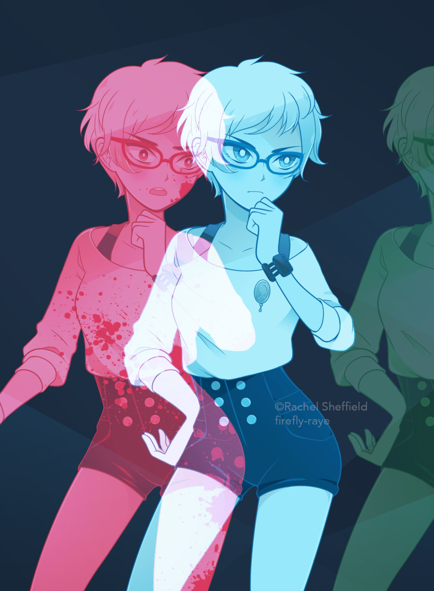 1girl artist_name blood blood_on_clothes blood_on_face blood_on_leg bright_pupils brooch closed_mouth commentary copyright_notice cowboy_shot english_commentary fireflyraye glasses hand_on_own_chin hand_on_own_hip high-waist_shorts highres jewelry kyokugen_dasshutsu limited_palette multiple_views open_mouth phi_(kyokugen_dasshutsu) shirt short_hair shorts standing teeth upper_teeth_only very_short_hair watch wristwatch zero_escape:_toki_no_dilemma