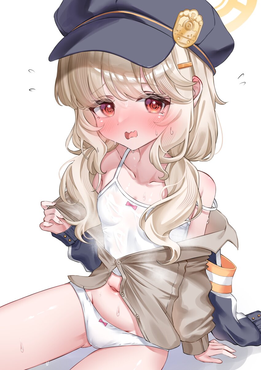 1girl absurdres aoba_(blue_archive) armband bare_shoulders black_hat blue_archive blush breasts brown_hair camisole collarbone commentary_request cowboy_shot embarrassed flying_sweatdrops gluteal_fold hair_between_eyes hair_ornament hairclip hand_up hat heavy_breathing highres jacket loli looking_at_viewer low_twintails navel open_mouth panties peaked_cap red_eyes simple_background sitting sleeves_past_wrists small_breasts smile solo steaming_body strap_slip sweat twintails underwear undressing wavy_mouth wfa5051 white_background white_camisole white_panties