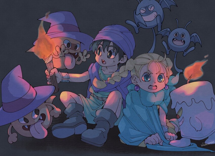 1boy 1girl 29qmatatavi aged_down belt bianca_(dq5) black_hair blonde_hair blue_eyes boots bracelet braid child cloak commentary_request dracky dragon_quest dragon_quest_v earrings ghost_(dragon_quest) green_cloak green_tunic hair_pulled_back hero_(dq5) holding holding_torch jewelry long_hair looking_at_another low_ponytail monster open_mouth ponytail purple_cloak purple_headwear sitting sweatdrop torch tunic turban twin_braids wax_murderer