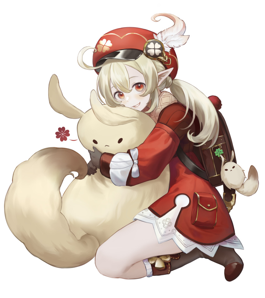 1girl :d absurdres ahoge backpack bag bag_charm boots brown_boots brown_gloves cabbie_hat charm_(object) chi_trinh clover_print commentary_request dodoco_(genshin_impact) food from_side genshin_impact gloves hair_between_eyes hat highres hood hooded_coat hugging_doll hugging_object klee_(genshin_impact) knee_boots kneehighs light_brown_hair long_hair long_sleeves looking_at_viewer looking_to_the_side low_twintails open_mouth orange_eyes pocky pointy_ears randoseru scarf sidelocks simple_background sitting smile socks solo stuffed_animal stuffed_toy twintails wariza white_background