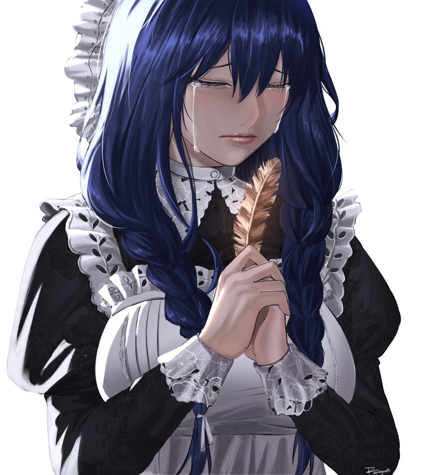 1girl absurdres apron black_dress blue_hair braid closed_eyes closed_mouth crying dress feathers hair_ribbon hat highres holding holding_feather hololive hololive_english long_hair low_twin_braids maid_apron mob_cap ouro_kronii ouro_kronii_(maid) reendhw ribbon simple_background solo tears twin_braids virtual_youtuber white_apron white_background white_ribbon
