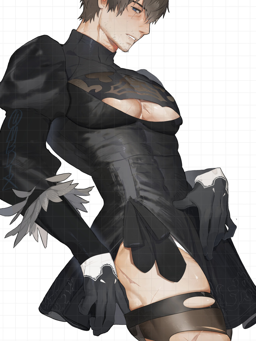 1boy 2b_(nier:automata) 2b_(nier:automata)_(cosplay) absurdres adventurer_(ff14) bara black_dress black_hair blue_eyes cleavage_cutout clothing_cutout cosplay crossdressing dress facial_hair feather-trimmed_sleeves feather_trim final_fantasy final_fantasy_xiv highres hyur juliet_sleeves large_pectorals long_sleeves male_focus mbdtz muscular muscular_male nier:automata nier_(series) pectorals puffy_sleeves short_hair solo thick_thighs thighs two-sided_dress two-sided_fabric warrior_of_light_(ff14)