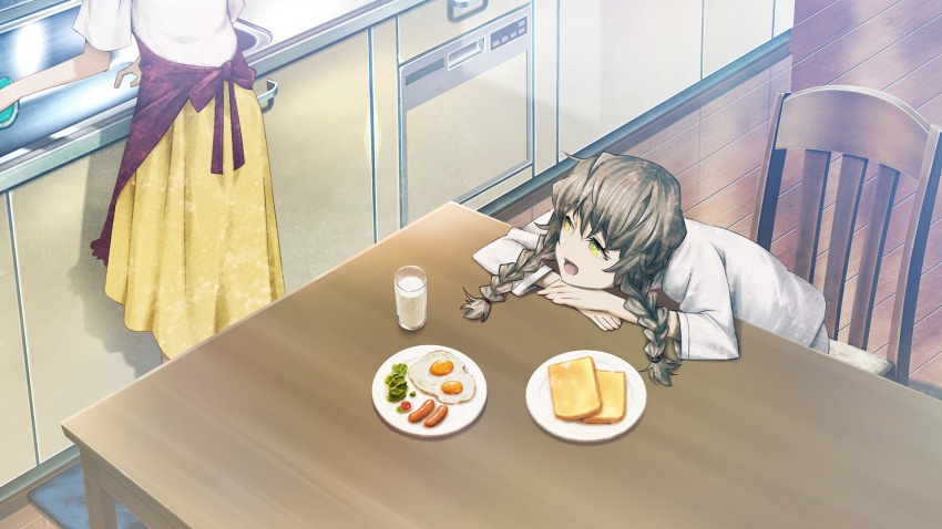 amane_suzuha amane_yuki apron back_bow bow braid bread bread_slice breakfast brown_hair chair cherry_tomato day egg_(food) egg_yolk food from_above from_behind game_cg glass hair_between_eyes hair_tie head_on_hands head_on_table head_out_of_frame highres huke indoors kitchen leaning_forward lettuce long_skirt looking_at_another milk mother_and_daughter non-web_source official_art open_mouth pajamas plate red_apron red_bow ringed_eyes sausage shiny_lips shirt short_sleeves sitting skirt square_pupils standing steins;gate steins;gate:_linear_bounded_phenogram table toast tomato tongue twin_braids twintails white_pajamas white_shirt wide_sleeves wooden_chair wooden_floor wooden_table yellow_eyes yellow_skirt