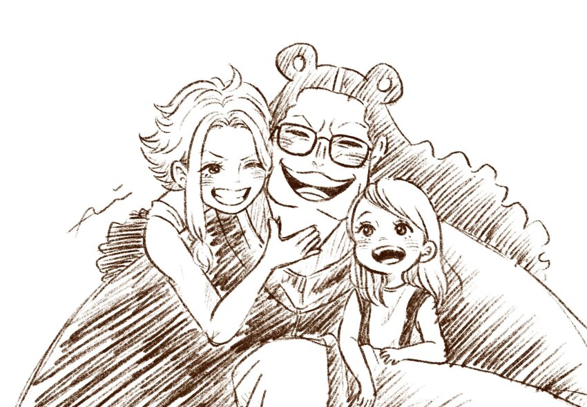 1boy 2girls ^_^ animal_ears bartholomew_kuma bear_ears blush child closed_eyes commentary_request curly_hair family ginny_(one_piece) glasses greyscale happy highres hug hug_from_behind jewelry_bonney long_hair monochrome multiple_girls one_eye_closed one_piece open_mouth pupil308 simple_background swept_bangs