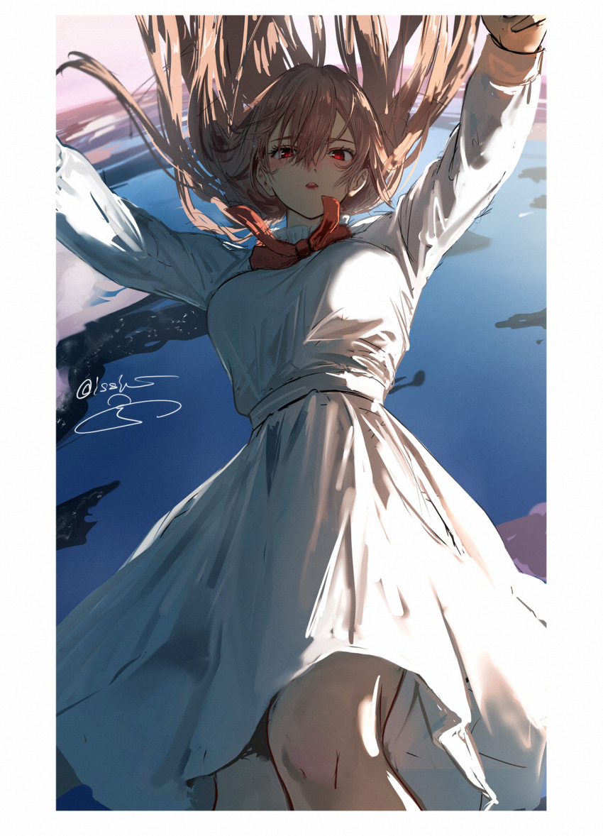 1girl alternate_costume arms_up asu_no_yozora_shoukaihan_(vocaloid) belt blush border breasts brown_hair commentary_request earth_(planet) falling feet_out_of_frame floating_hair furen_e_lustario hair_floating_upwards high_up highres isshiki_(ffmania7) large_breasts long_hair looking_at_viewer midair neck_ribbon nijisanji outstretched_arms parted_lips planet red_eyes red_ribbon ribbon sidelighting signature solo virtual_youtuber white_belt white_border