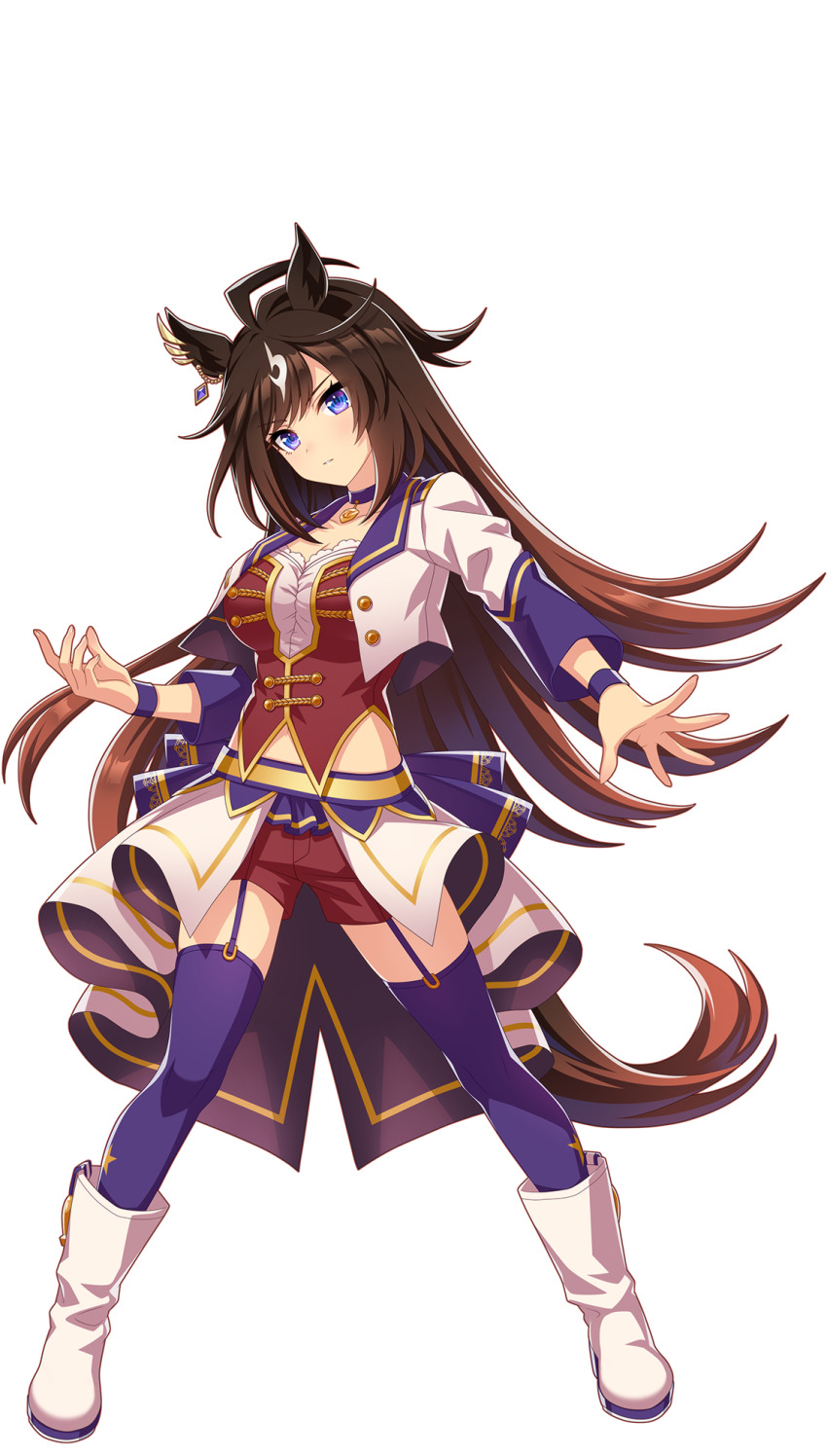1girl ahoge animal_ears blue_eyes boots breasts brown_hair choker collarbone cropped_jacket duramente_(umamusume) ear_ornament ear_piercing full_body garter_straps hair_between_eyes highres horse_ears horse_girl horse_tail jacket long_hair long_sleeves looking_at_viewer midriff multicolored_hair navel official_art open_mouth parted_lips pendant_choker piercing purple_choker purple_garter_straps purple_thighhighs red_shorts shorts solo standing starting_future_(umamusume) streaked_hair tail thighhighs transparent_background umamusume white_boots white_hair white_jacket