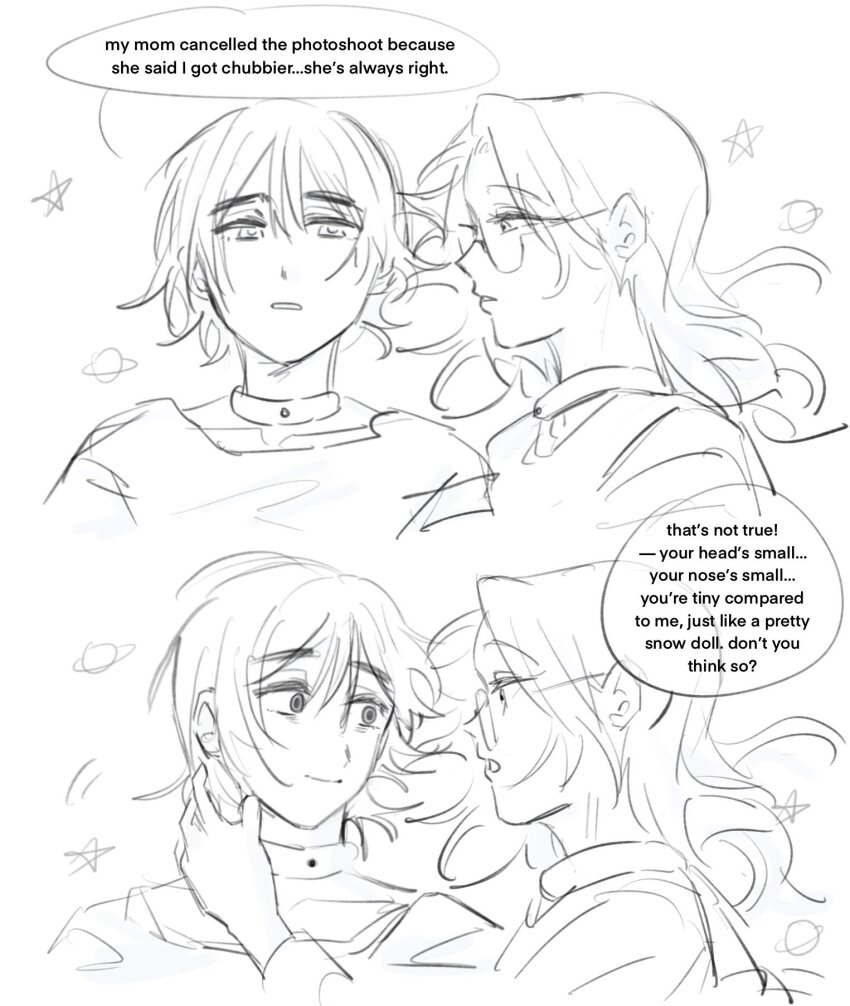 2girls alien_stage annoyed bags_under_eyes choker closed_mouth commentary english_commentary english_text glasses greyscale highres long_hair lying mizi_(alien_stage) monochrome multiple_girls on_back on_side open_mouth short_hair sketch smile star_(symbol) sua_(alien_stage) the_quipper