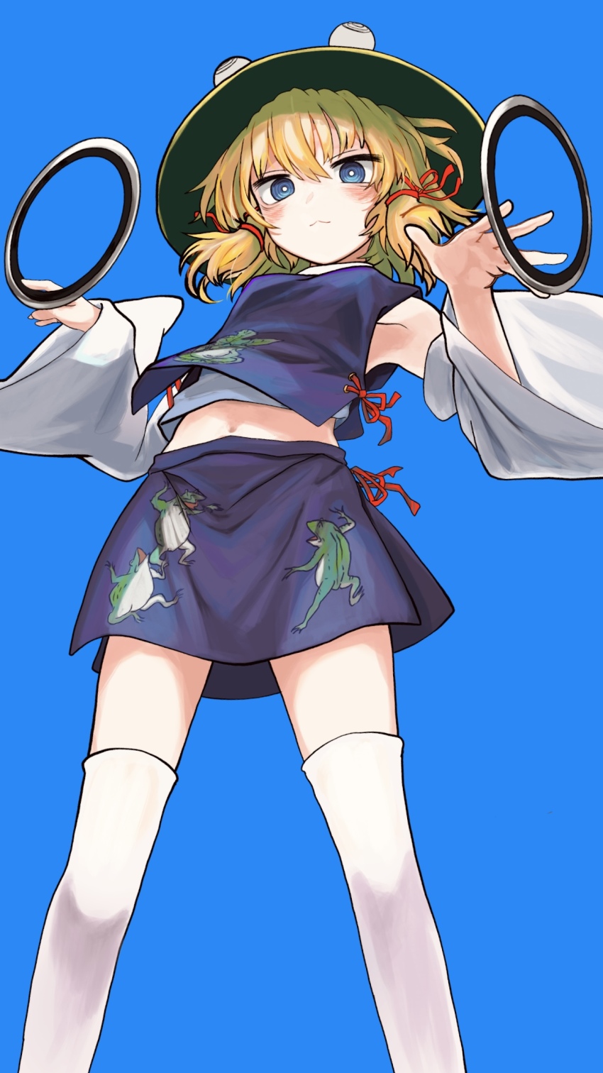 1girl animal_print blonde_hair blue_background blue_eyes blush closed_mouth commentary_request detached_sleeves feet_out_of_frame frog_print hat highres looking_at_viewer moriya&#039;s_iron_rings moriya_suwako navel neritch purple_skirt sidelocks simple_background skirt solo thighhighs touhou white_thighhighs wide_sleeves