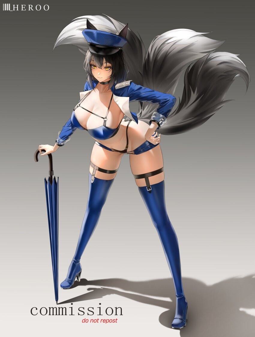 1girl absurdres animal_ears artist_name azur_lane baltimore_(azur_lane) baltimore_(finish_line_flagbearer)_(azur_lane) bikini black_hair blue_bikini blue_jacket blue_shorts blue_thighhighs blush boots breasts brown_eyes cleavage closed_mouth collarbone commentary english_commentary fox_ears fox_girl fox_tail full_body hand_on_own_hip high_heel_boots high_heels highres holding holding_umbrella jacket large_breasts leaning_forward long_sleeves looking_at_viewer louu_heroo medium_hair official_alternate_costume open_clothes open_jacket race_queen shorts simple_background smile solo standing swimsuit tail thigh_boots thighhighs thighs umbrella