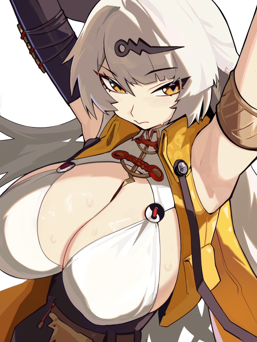 1girl alt_text armpits arms_up black_shorts breasts cleavage commentary distr english_commentary high-waist_shorts highres huge_breasts long_hair paid_reward_available shirt shorts simple_background solo very_long_hair white_background white_hair white_shirt yellow_eyes yixuan_(zenless_zone_zero) zenless_zone_zero