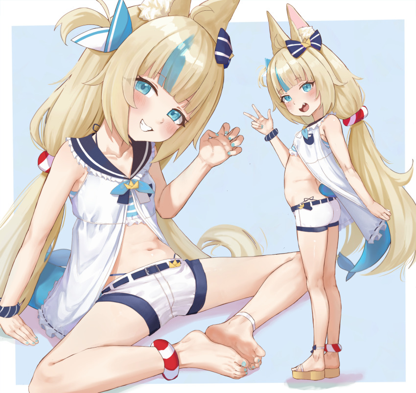 1girl animal_ears barefoot blonde_hair blue_eyes commentary esearu feet highres indie_virtual_youtuber long_hair looking_at_viewer multicolored_hair multiple_views nail_polish navel paid_reward_available sameko_saba shorts smile tail toenail_polish toenails toes