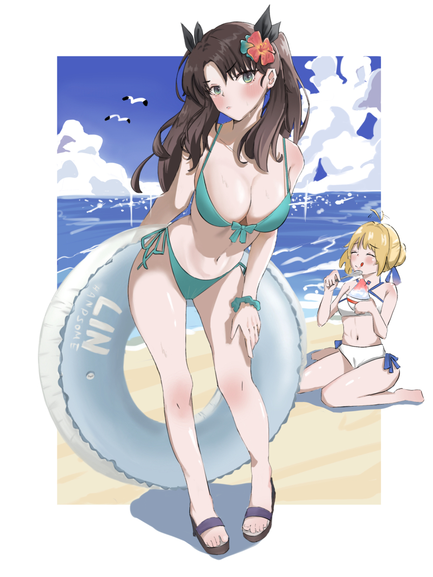 2girls absurdres artoria_pendragon_(fate) beach bikini bird black_hair blonde_hair blush breasts commentary commentary_request fate/grand_order fate/stay_night fate_(series) food full_body green_eyes hair_between_eyes hair_bun highres large_breasts leaning_forward multiple_girls navel nvwp2735 ocean saber_(fate) scrunchie seagull shaved_ice side-tie_bikini_bottom sidelocks sitting sky solo swimsuit tohsaka_rin twintails type-moon wariza waves wrist_scrunchie