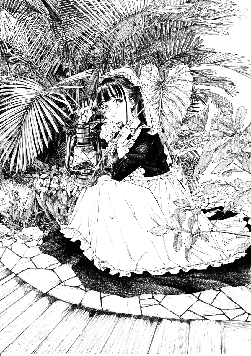 1girl absurdres apron closed_mouth crosshatching dress frilled_apron frills full_body gagaimo greyscale hatching_(texture) highres holding holding_lantern holding_leaf kerosene_lamp lantern leaf long_hair long_sleeves looking_at_viewer maid maid_apron monochrome original outdoors plant ponytail solo squatting traditional_media