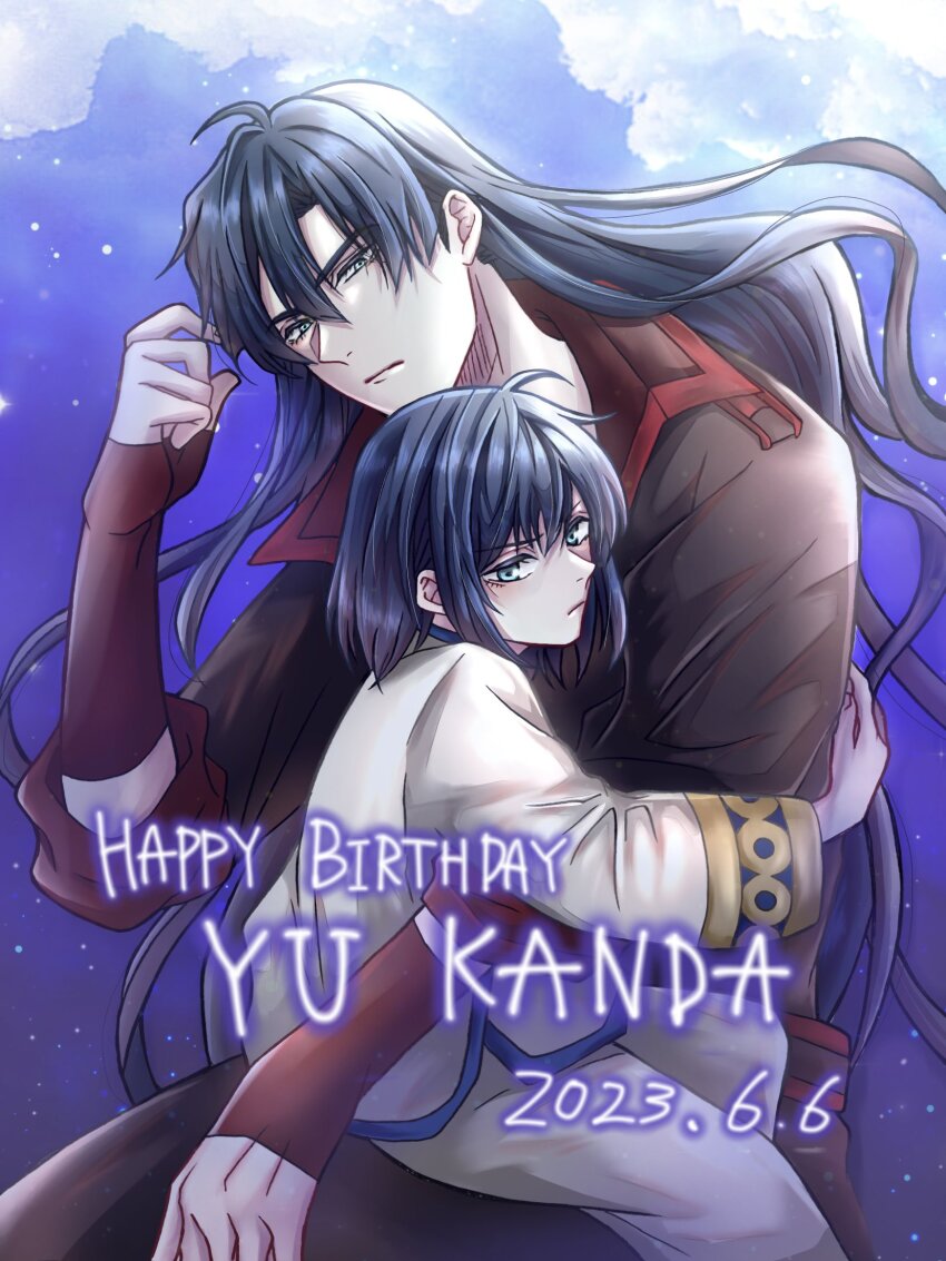 2boys ahoge arm_up belt birthday black_coat black_order_uniform blue_eyes blue_hair blue_stripes bob_cut child cloud coat collared_coat d.gray-man dual_persona english_text fingerless_gloves gloves hair_between_eyes hand_on_another&#039;s_arm happy_birthday highres kanda_yuu long_coat long_hair looking_at_another looking_down military military_uniform multiple_boys night night_sky pants red_gloves red_stripes shirt short_hair sidelocks sitting sitting_on_lap sitting_on_person sky star_(sky) striped_clothes striped_coat striped_shirt time_paradox white_pants white_shirt wrist_cuffs yellow_wrist_cuffs yu_chocochip