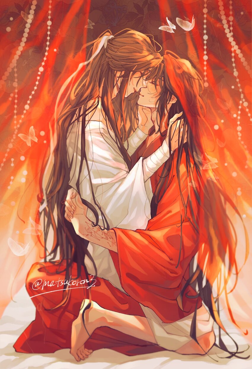 2boys adam&#039;s_apple arms_around_waist bandaged_wrist bandages bare_shoulders barefoot bishounen black_hair brown_hair bug butterfly chinese_clothes closed_eyes closed_mouth couple curtains eyelashes face-to-face foreplay from_side full_body hand_in_another&#039;s_hair hand_on_another&#039;s_cheek hand_on_another&#039;s_face hands_up hanfu happy highres hua_cheng imminent_kiss indian_style insect light_blush light_particles light_smile limited_palette long_eyelashes long_hair long_sidelocks male_focus matsuko_(mrimri3) messy_hair mobile multiple_boys on_bed parted_bangs parted_lips patterned_background profile red_hanfu red_theme robe_partially_removed see-through_curtains sidelocks sitting sitting_on_person straddling string string_around_finger string_of_fate tianguan_cifu twitter_username upright_straddle very_long_hair white_butterfly white_hanfu white_theme wispy_bangs xie_lian yaoi