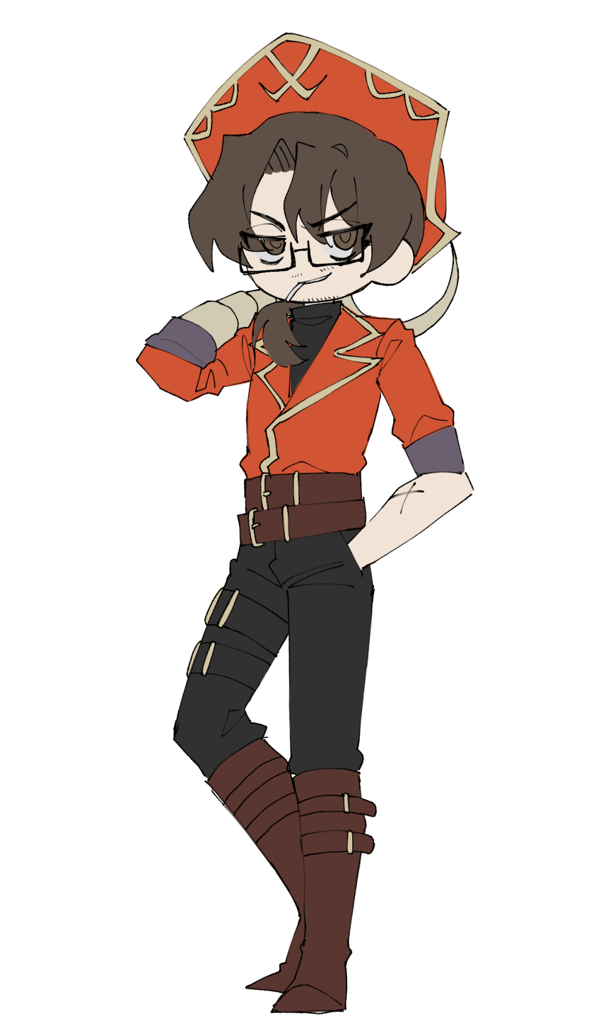 1boy black_pants boots brown_boots brown_eyes brown_hair full_body glasses gold_trim gregor_(project_moon) hat highres hook_hand jacket kitaku_(ienikaeru) lapels limbus_company looking_at_viewer low_ponytail notched_lapels pants ponytail project_moon red_hat red_jacket solo twinhook_pirates_(identity)_(project_moon)