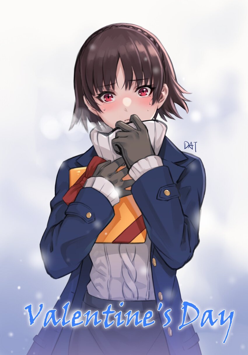 1girl black_gloves blue_coat blush braid brown_hair closed_mouth coat crown_braid da-cart eyelashes gift gloves gradient_background hand_on_own_neck highres holding holding_gift long_sleeves looking_at_viewer niijima_makoto persona persona_5 red_eyes short_hair solo sweater tagme turtleneck turtleneck_sweater valentine