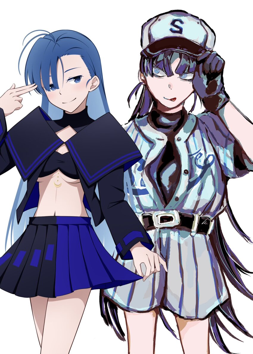 2girls adjusting_clothes adjusting_headwear ado_(utaite) ahoge artist_collaboration belt black_belt black_gloves black_hair black_sailor_collar black_serafuku black_shirt black_skirt blue_eyes blue_hair blue_skirt breasts closed_mouth cloud_nine_inc commentary_request cosplay finger_gun finger_gun_to_head gloves hariiiiito10 hat highres long_hair long_sleeves medium_breasts merry_(ado) merry_(ado)_(cosplay) multiple_girls naima_(ado) naima_(ado)_(cosplay) navel nori_(norinori_yrl) open_clothes open_shirt pleated_skirt ponytail readymade_(ado) sailor_collar school_uniform serafuku shirt shorts simple_background skirt skirt_hold underboob usseewa white_background white_hat white_shirt white_shorts