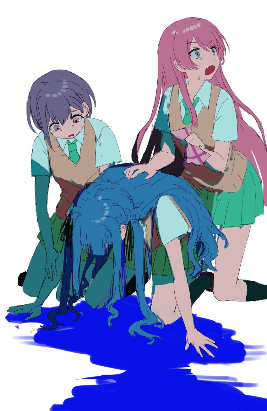 3girls bang_dream! bang_dream!_it&#039;s_mygo!!!!! birthday1730225 black_ribbon black_socks blue_hair brown_eyes brown_sweater_vest chihaya_anon commentary fang green_necktie green_skirt grey_eyes grey_hair hair_ribbon haneoka_school_uniform hashtag-only_commentary highres kneehighs kneeling long_hair multiple_girls necktie open_mouth pink_hair pleated_skirt ribbon school_uniform shirt short_hair short_sleeves sidelocks skin_fang skirt socks sweatdrop sweater_vest takamatsu_tomori togawa_sakiko two_side_up white_shirt