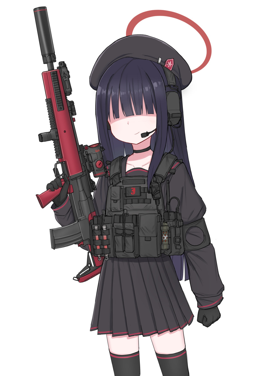 1girl absurdres beret black_choker black_gloves black_hair black_serafuku black_skirt blue_archive choker closed_mouth collarbone commentary cowboy_shot em-2 english_commentary faceless faceless_female gloves gun hair_over_eyes halo hat headset highres holding holding_gun holding_weapon justice_task_force_member_(blue_archive) light_smile load_bearing_vest long_bangs long_hair long_sleeves microphone red_halo school_uniform serafuku simple_background skirt solo srtdrawart weapon white_background