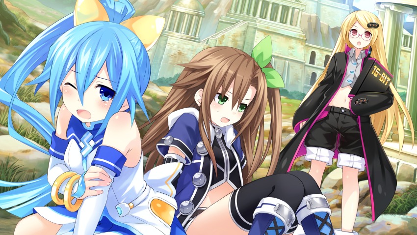 3girls blonde_hair blue_eyes blue_hair blush bow brown_hair choujigen_taisen_neptune_vs_sega_hard_girls game_cg glasses green_eyes hair_between_eyes hair_bow hair_ornament highres if_(neptunia) long_hair multiple_girls neptune_(series) one_eye_closed ponytail red_eyes ribbon sega_hard_girls sega_hatsumi sega_mega_drive_(sega_hard_girls) segami sitting tears thighhighs tsunako