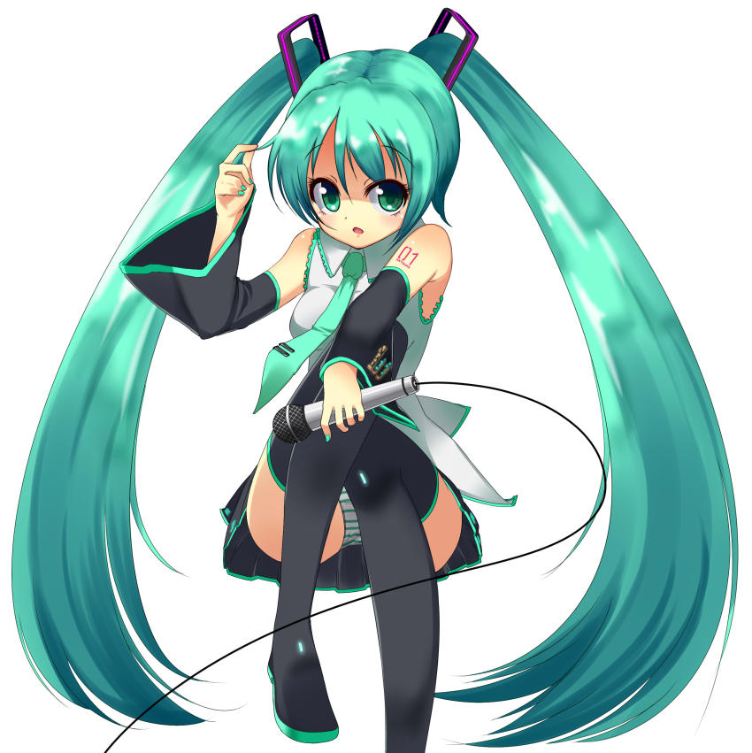 1girl absurdres aqua_eyes aqua_hair detached_sleeves female_focus hatsune_miku highres long_hair microphone necktie nickq panties simple_background skirt solo thighhighs twintails underwear very_long_hair vocaloid white_background zettai_ryouiki