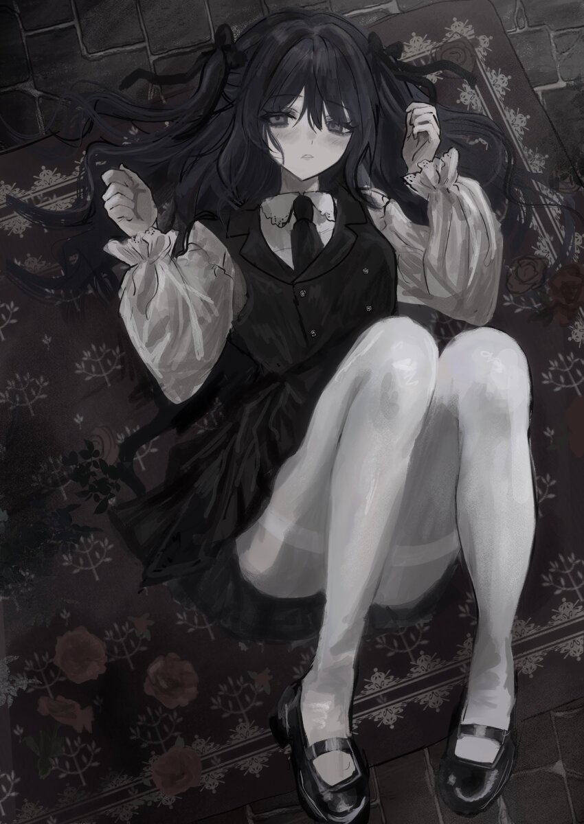 1girl akai_ringo_(eveyuno) black_dress black_gloves black_headdress blush convenient_leg curly_hair dress gloves grey_eyes hair_between_eyes hair_over_shoulder highres lolita_fashion long_hair looking_at_viewer makeup mascara non-web_source original pantyhose puffy_sleeves simple_background smile smug solo thighband_pantyhose upper_body white_background