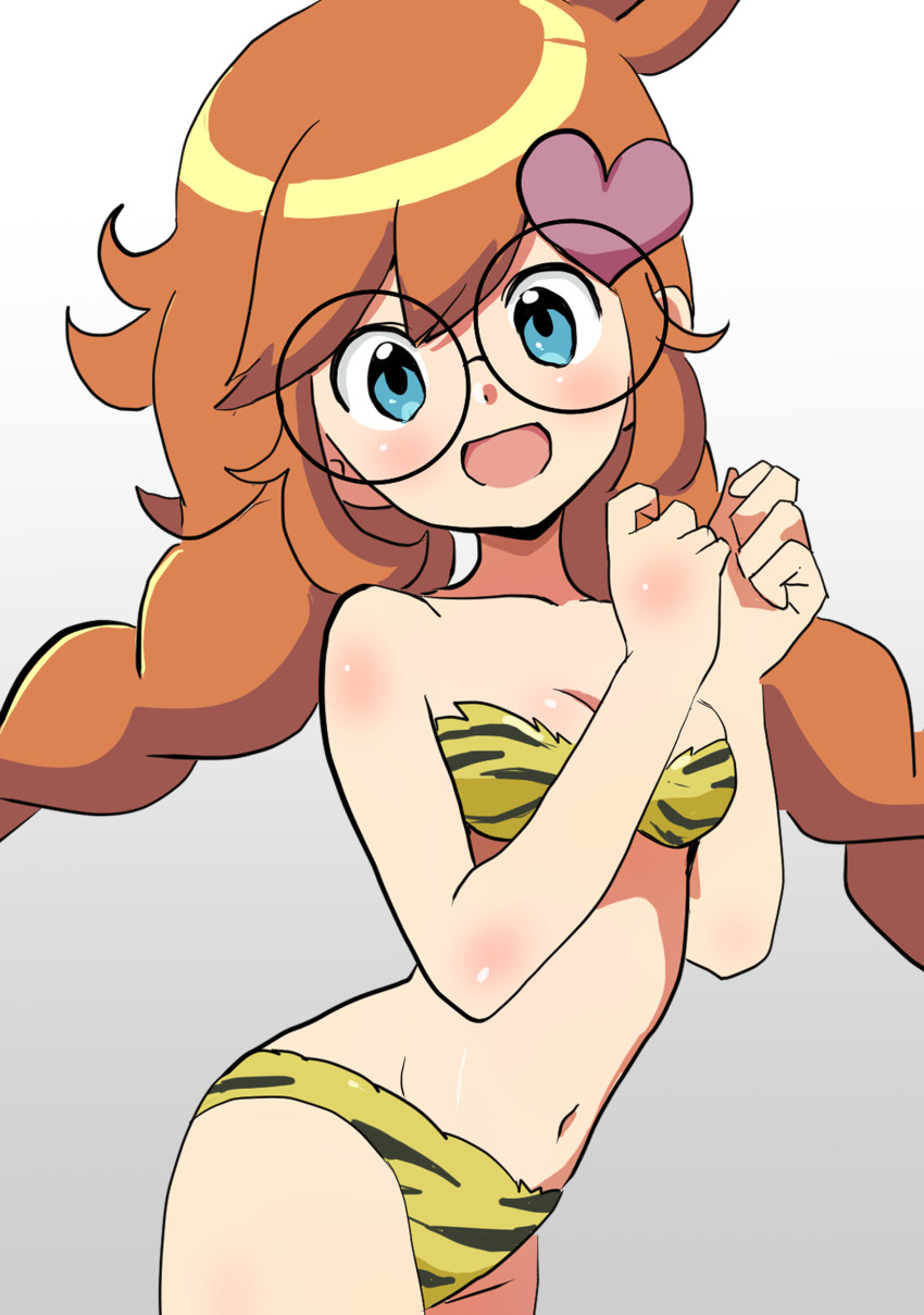 1girl :d absurdres animal_print bikini blue_eyes blush body_blush braid breasts cleavage collarbone cosplay crossover detesu female_focus glasses gradient_background hair_ornament heart heart_hair_ornament highres long_hair looking_at_viewer lum lum_(cosplay) navel nintendo open_mouth orange_bikini orange_hair penny_crygor print_bikini round_eyewear small_breasts smile solo standing stomach swimsuit tiger_print twin_braids twintails urusei_yatsura warioware