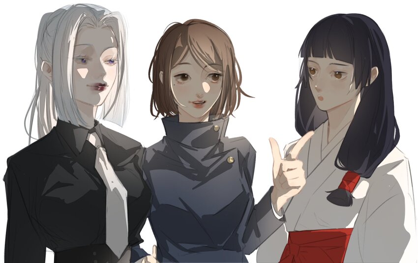 3girls black_hair black_shirt blunt_bangs brown_eyes brown_hair collared_shirt commentary highres ieiri_shoko iori_utahime japanese_clothes jujutsu_kaisen jujutsu_tech_uniform kimono mei_mei_(jujutsu_kaisen) mole multiple_girls necktie nnaramonn ponytail shirt sidelocks simple_background swept_bangs upper_body white_background white_hair white_kimono white_necktie