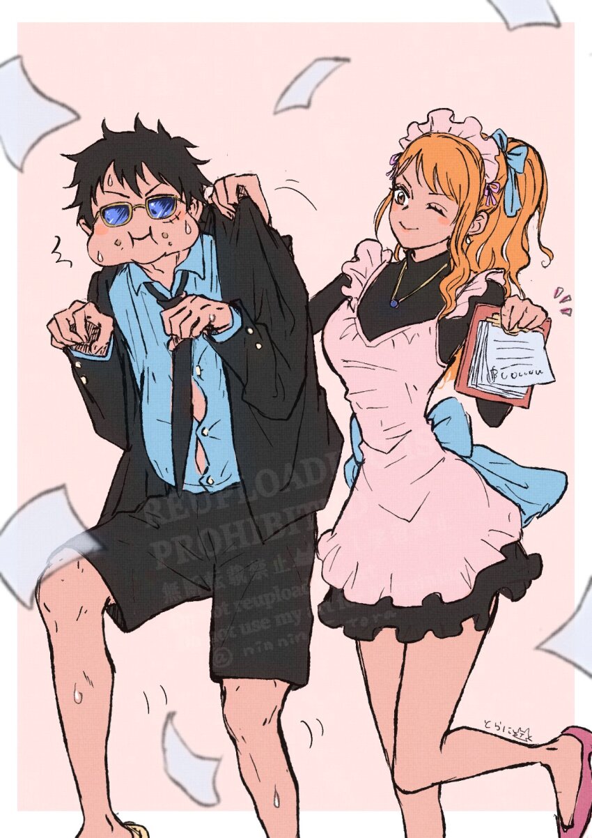 1boy 1girl ^^^ apron bare_legs black_dress black_hair black_jacket black_necktie black_shorts blue_ribbon blue_skirt blush cheek_bulge closed_mouth collared_shirt commentary_request dress earrings facial_scar falling_paper feet_out_of_frame food food_on_face foot_up frilled_apron frilled_dress frills hair_ribbon high_ponytail highres holding jacket jewelry long_hair long_sleeves looking_at_another maid maid_apron maid_headdress monkey_d._luffy nami_(one_piece) narrow_waist necklace necktie ninnin5tora official_alternate_costume one_eye_closed one_piece open_clothes open_jacket orange_hair paper pink_shoes ponytail ribbon scar scar_on_cheek scar_on_face shirt shoes shorts skirt smile sunglasses sweatdrop white_apron