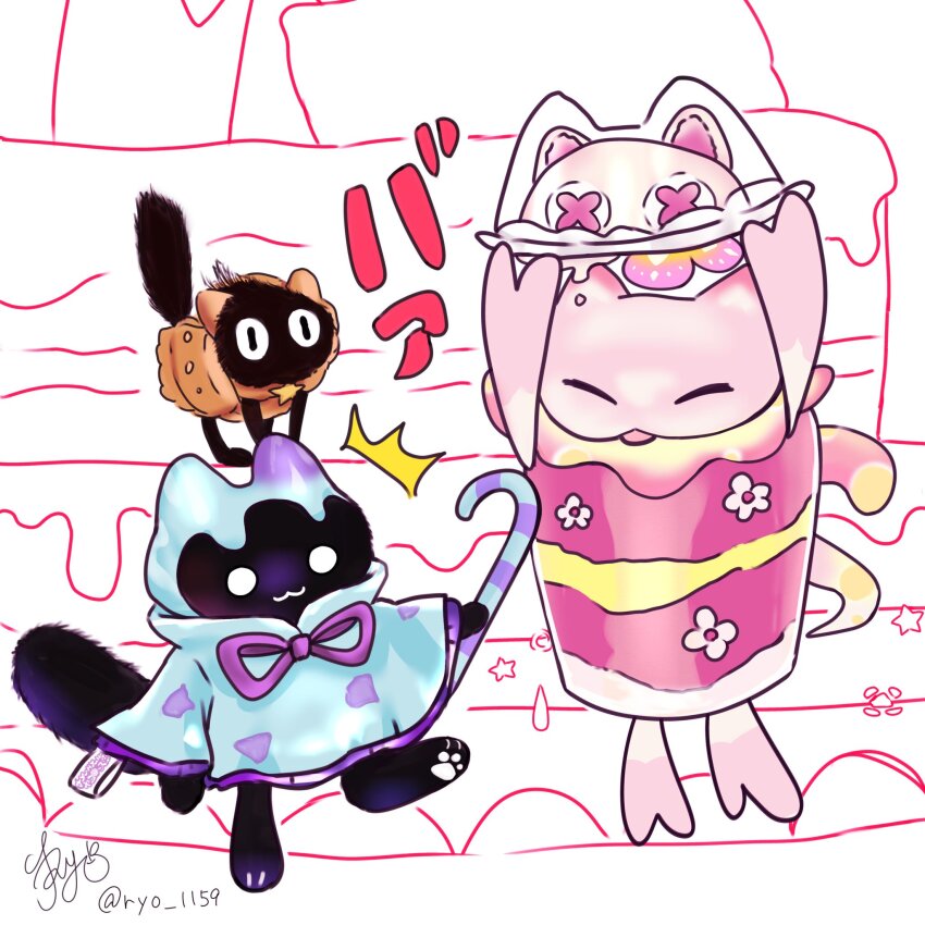 black_cat black_fur cat character_request colored_skin cooky_yummy cosplay cup cupsie_yummy cupsie_yummy_(cosplay) duel_monster highres lollipo_yummy mulcharmy_meowls pink_skin ryo_1159 white_background yu-gi-oh!