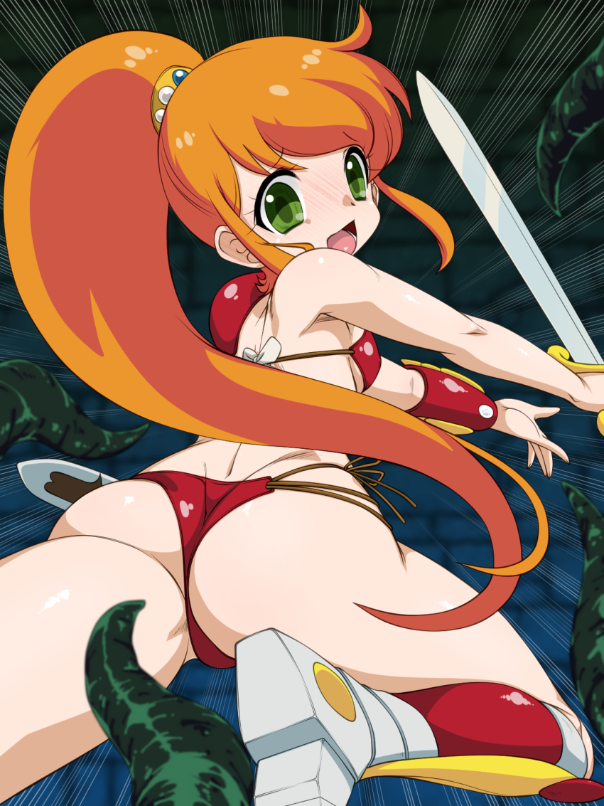 1girl armor ass bikini bikini_armor boots breasts butt_crack caron_(rall) commentary_request cream_lemon from_behind green_eyes highres imminent_rape knee_boots long_hair looking_back nurugamer-kouyouju open_mouth orange_hair ponytail revision sf_choujigen_densetsu_rall side-tie_bikini_bottom small_breasts solo swimsuit sword tentacles thighs vambraces weapon