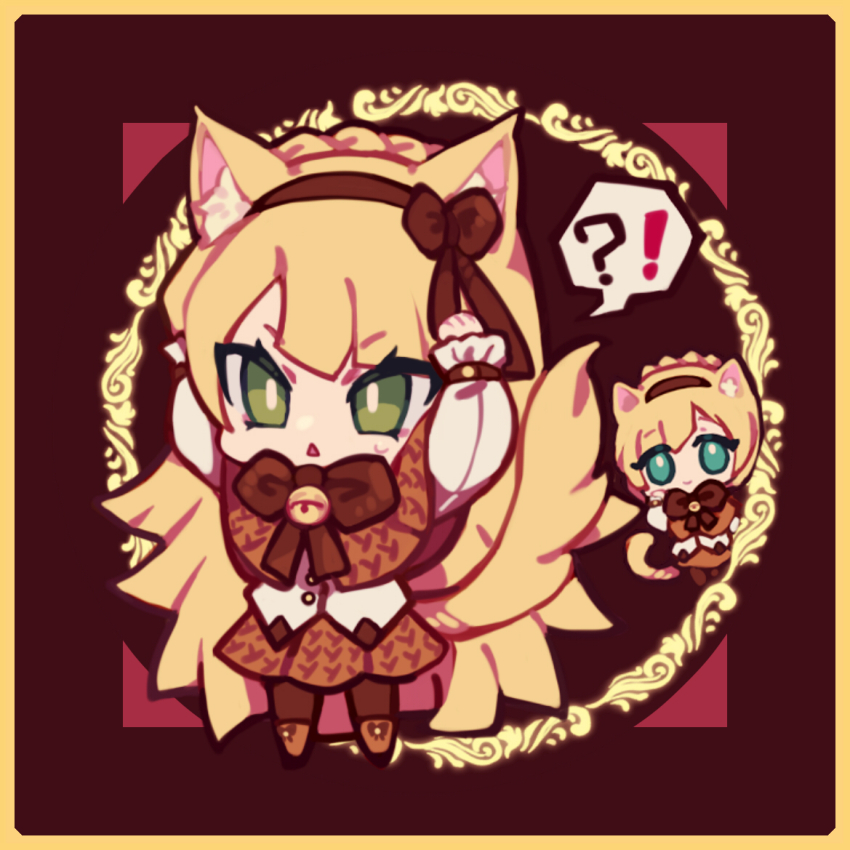 !? 1boy 1girl animal_ears aqua_eyes bell blonde_hair border bright_pupils brown_capelet brown_hairband brown_pantyhose brown_ribbon brown_skirt capelet cat_boy cat_ears cat_girl cat_tail chibi chinese_commentary closed_mouth commentary_request er_hea green_eyes hair_ribbon hairband kemonomimi_mode lobotomy_corporation long_hair long_sleeves matching_outfits neck_bell neck_ribbon open_mouth pantyhose pleated_skirt project_moon ribbon round_border shirt short_hair skirt smile speech_bubble spoken_interrobang sweat tail tiphereth_a_(project_moon) tiphereth_b_(project_moon) triangle_mouth white_pupils white_shirt