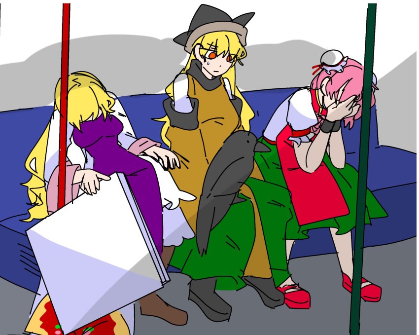 3girls bird black_shoes blonde_hair brown_shoes crow cuffs double_bun food hair_bun hands_on_own_face highres ibaraki_kasen long_hair long_sleeves matara_okina meme multiple_girls orange_eyes pink_hair pizza pizza_box puffy_short_sleeves puffy_sleeves red_shoes shoes short_hair short_sleeves sitting sleeping sobbing spill sweatdrop touhou train_interior wakame_495 wide_sleeves yakumo_yukari