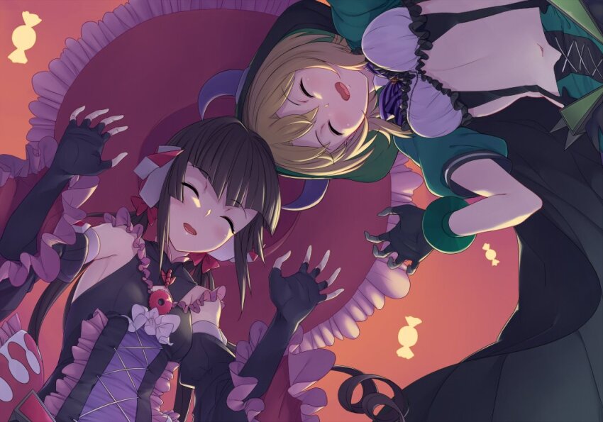 akatsuki_kirika black_gloves black_hair blonde_hair closed_eyes elbow_gloves fingerless_gloves from_below gloves looking_at_viewer mokutan_mmmm navel open_hands senki_zesshou_symphogear sleeveless tsukuyomi_shirabe
