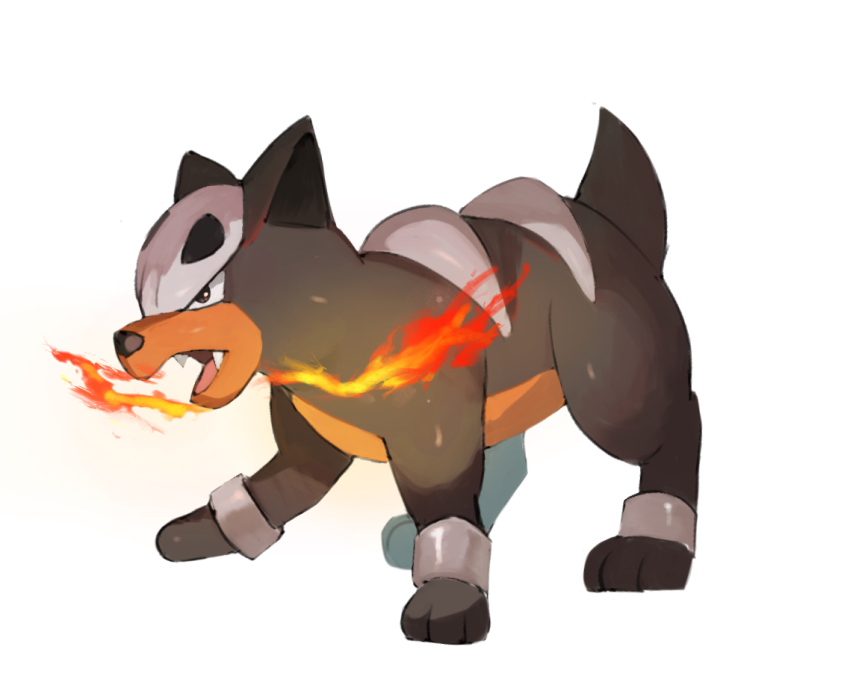 animal_focus black_eyes breath_weapon breathing_fire cuffs fangs fire from_side full_body gen_2_pokemon horezai houndour nintendo no_humans open_mouth pokemon pokemon_(creature) shackles simple_background solo standing white_background