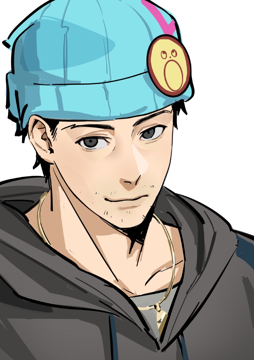 1boy absurdres ace_attorney apollo_justice:_ace_attorney badge baishangwuding beanie beard_stubble black_hair blue_hat button_badge chinese_commentary closed_mouth commentary_request drawstring facial_hair grey_eyes grey_hoodie grey_shirt hat highres hood hood_down hoodie jewelry looking_to_the_side male_focus necklace phoenix_wright shirt short_hair sideways_glance smile solo stubble upper_body