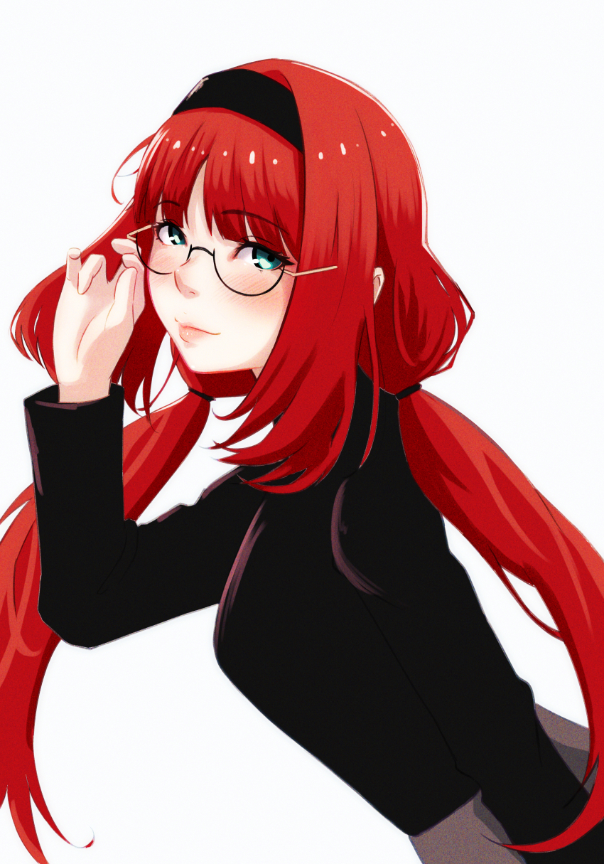1girl absurdres adjusting_eyewear alternate_costume arm_at_side black-framed_eyewear black_sweater blunt_bangs blush breasts brown_skirt curled_fingers eyelashes film_grain from_side genshin_impact glasses green_eyes hair_tie hand_up highres leaning_forward light_smile lips long_hair long_sleeves looking_at_viewer looking_to_the_side low_twintails medium_breasts nilou_(genshin_impact) nose oshizu pink_lips red_hair round_eyewear semi-rimless_eyewear skirt smile solo sweater twintails under-rim_eyewear very_long_hair white_background