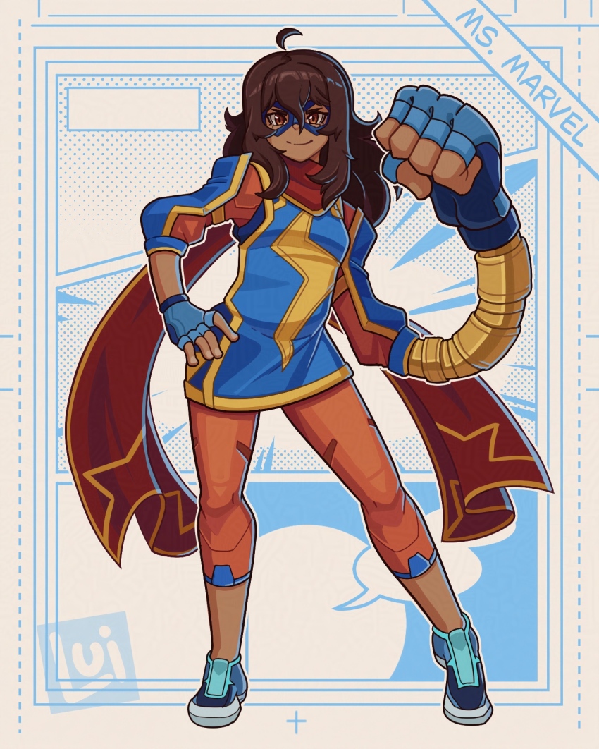 1girl ahoge brown_eyes brown_hair character_name clenched_hand commentary dark-skinned_female dark_skin domino_mask english_commentary fingerless_gloves full_body gloves highres kamala_khan long_hair long_scarf looking_at_viewer lui421 marvel marvel_tokon:_fighting_souls mask ms._marvel red_scarf scarf smile solo standing extendable_limbs