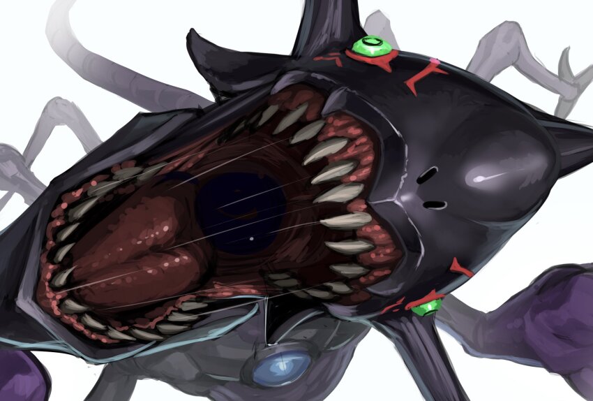 armagemon bakeneko38 black_skin colored_skin commentary_request digimon digimon_(creature) green_eyes highres monster multiple_legs no_humans open_mouth sharp_teeth simple_background teeth tongue white_background